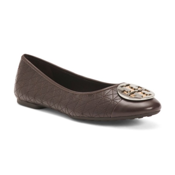 Tory Burch | NWT Brown Leather Claire Quilted Ballet Logo Flats Coco - Picture 1 of 12